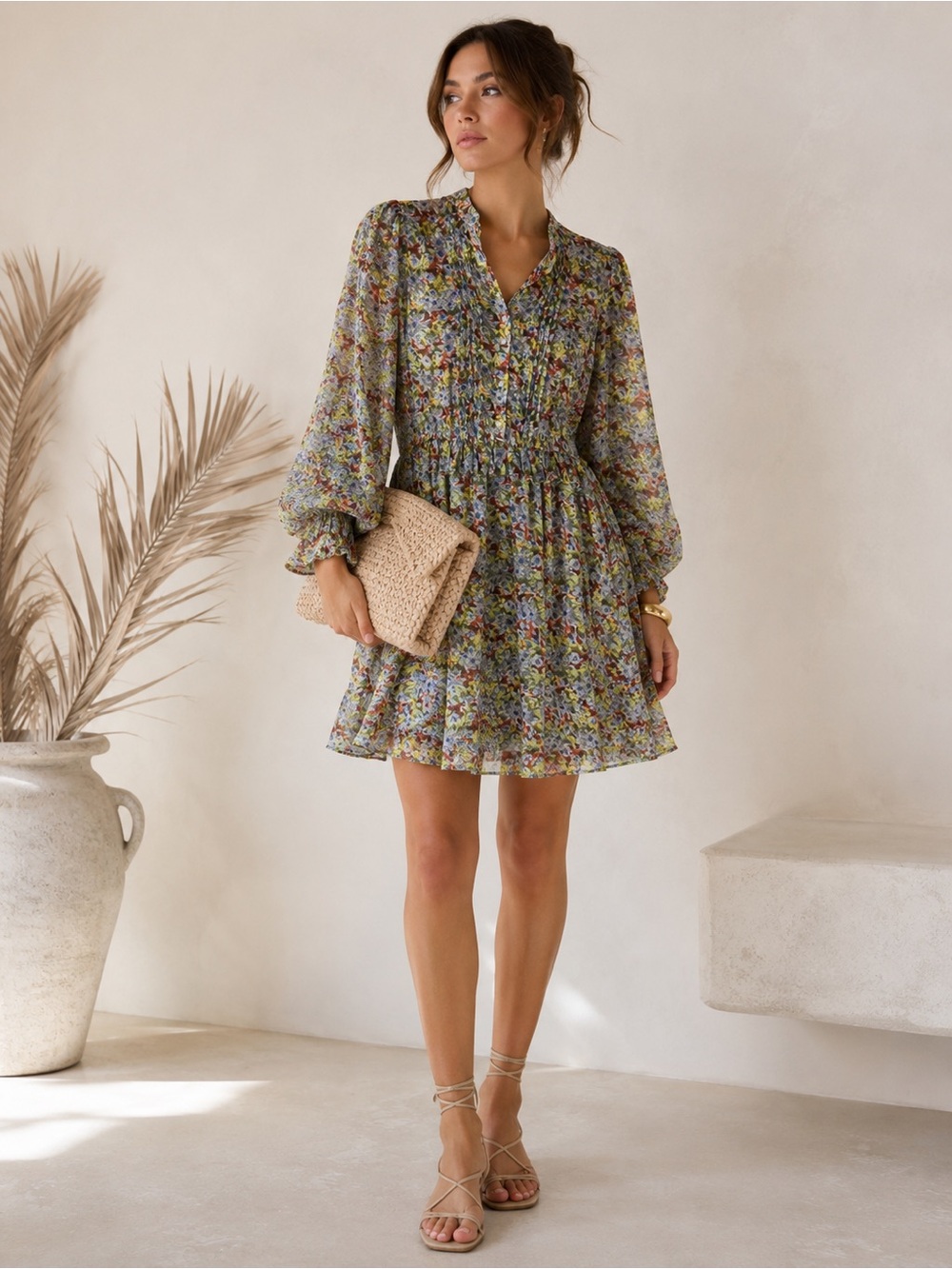 & Other Stories Floral Mini Dress Boho Prairie Cottagecore Sheer Sleeve US 6